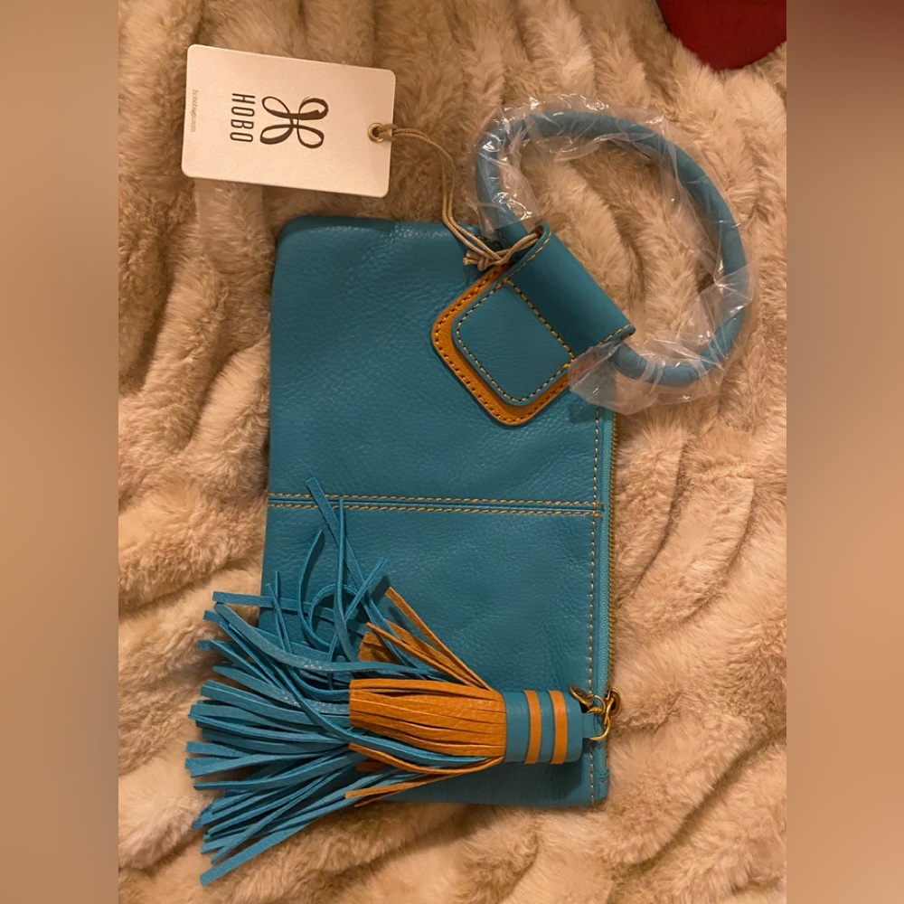 Hobo leather clutch bag, purse wallet turquoise tassel wristlet